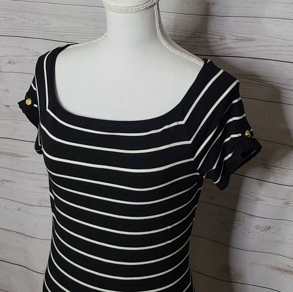 Whbm Square Neck Fitted Striped Button Short Slee… - image 4
